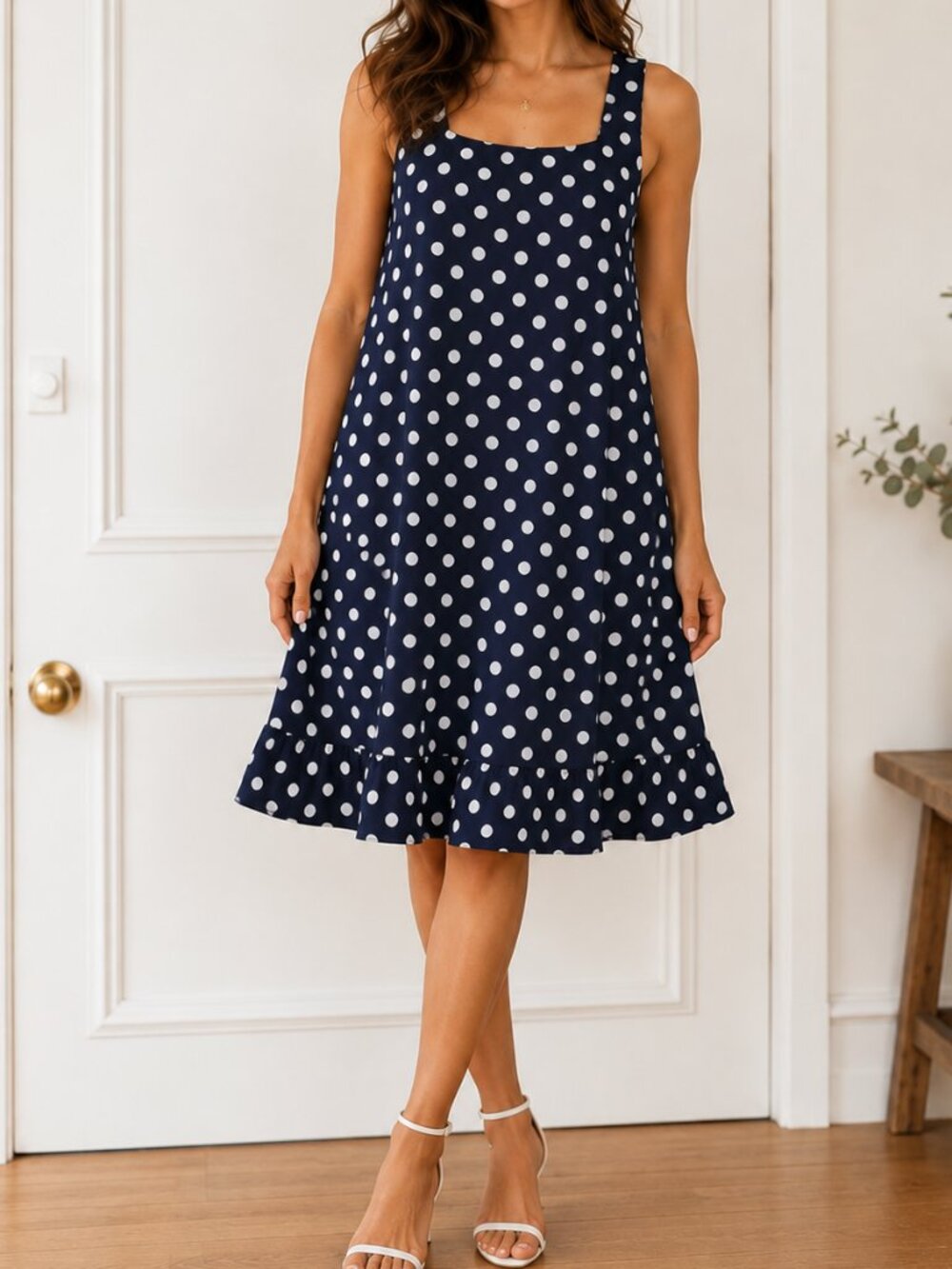 Woman Sophisticate Sleeveless Knee Length Navy White Polka Dot Dress Size 16